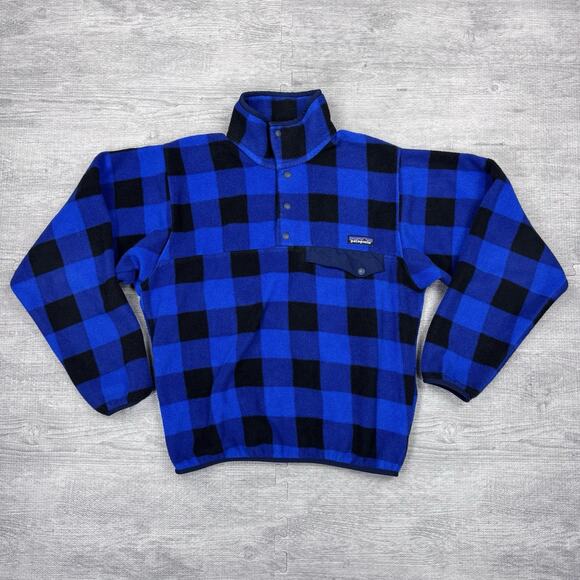 VTG Patagonia Synchilla Snap T Men’s Size XS Blue Buffalo Plaid Fleece Sweater - Picture 1 of 8